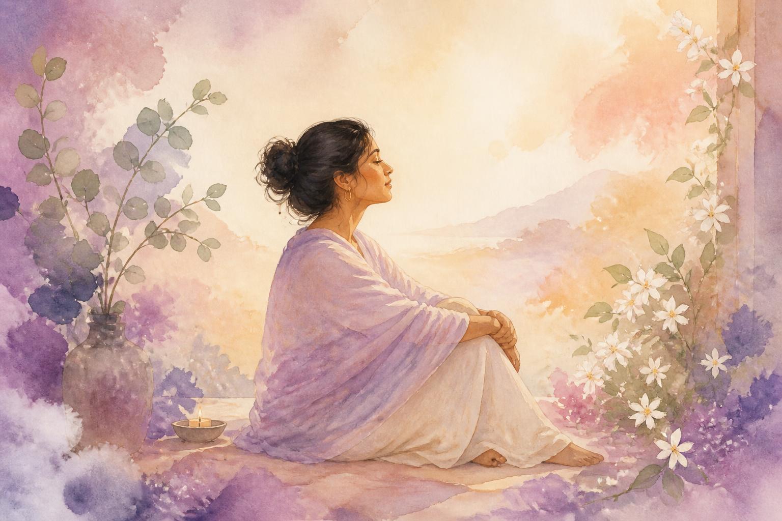 A peaceful watercolor illustration of a South Asian woman resting in a calm, reflective setting surrounded by jasmine blooms and soft candlelight